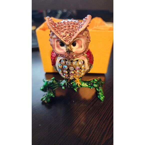 Vintage Hand-Painted Owl Pill Box with Crystals | Decorative Owl Trinket Box - Picture 1 of 5